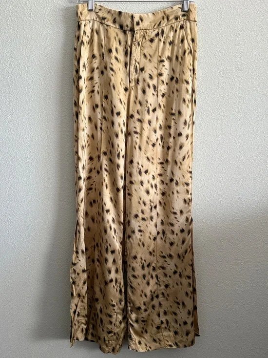 ZARA Satin Animal Print Wide Leg Pants High Waist Slit Hem Size S - Picture 2 of 11